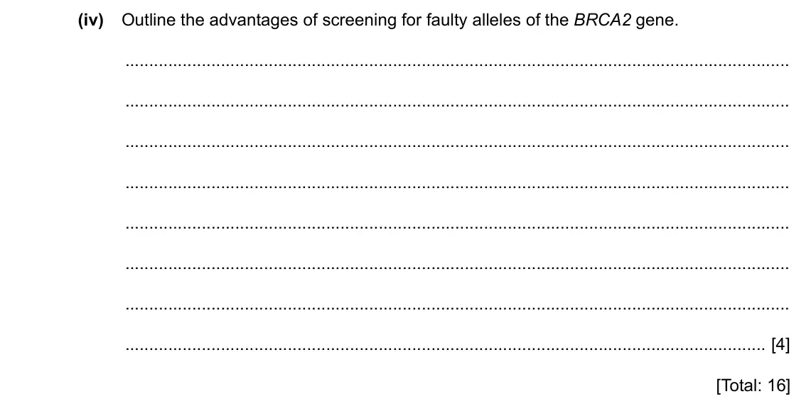 Specimen Paper 4, question 4(b)(iv): Outline the advantages of screening for faulty alleles of the BRCA2 gene. [4] [Total: 16]