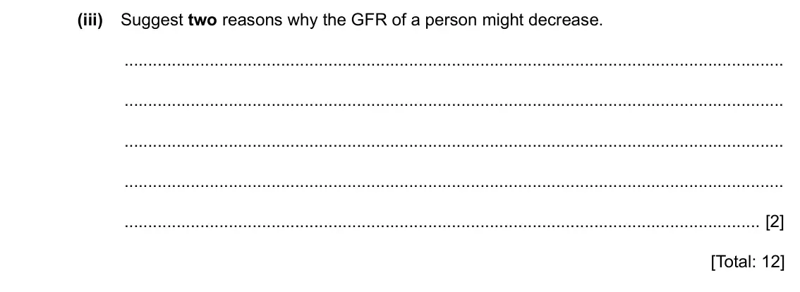 Specimen Paper 4, question 5(c)(iii): Suggest two reasons why the GFR of a person might decrease. [2] [Total: 12]
