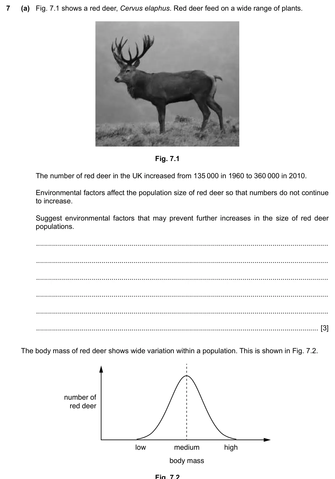 Specimen Paper 4, question 7(a): Fig. 7.1 shows a red deer, Cervus elaphus. Red deer feed on a wide range of plants. Fig. 7.1 The number of red deer in the UK increased from 135 000 in 1960 to