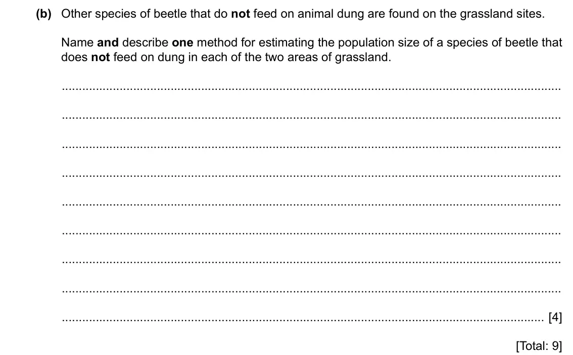 Specimen Paper 4, question 9(b): Other species of beetle that do not feed on animal dung are found on the grassland sites. Name and describe one method for estimating the population size of a s