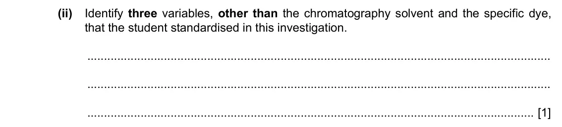 Specimen Paper 5, question 1(a)(ii): Identify three variables, other than the chromatography solvent and the specific dye, that the student standardised in this investigation. [1]