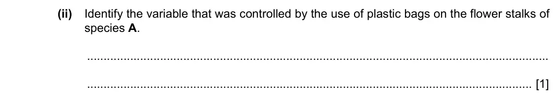 Specimen Paper 5, question 2(a)(ii): Identify the variable that was controlled by the use of plastic bags on the flower stalks of species A. [1]