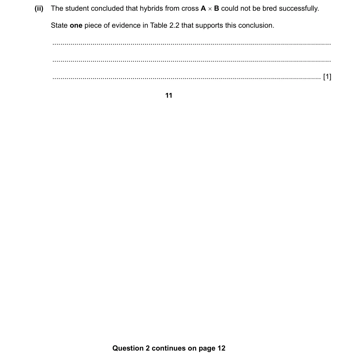 Specimen Paper 5, question 2(c)(ii): The student concluded that hybrids from cross A × B could not be bred successfully. State one piece of evidence in Table 2.2 that supports this conclusion. [1] 