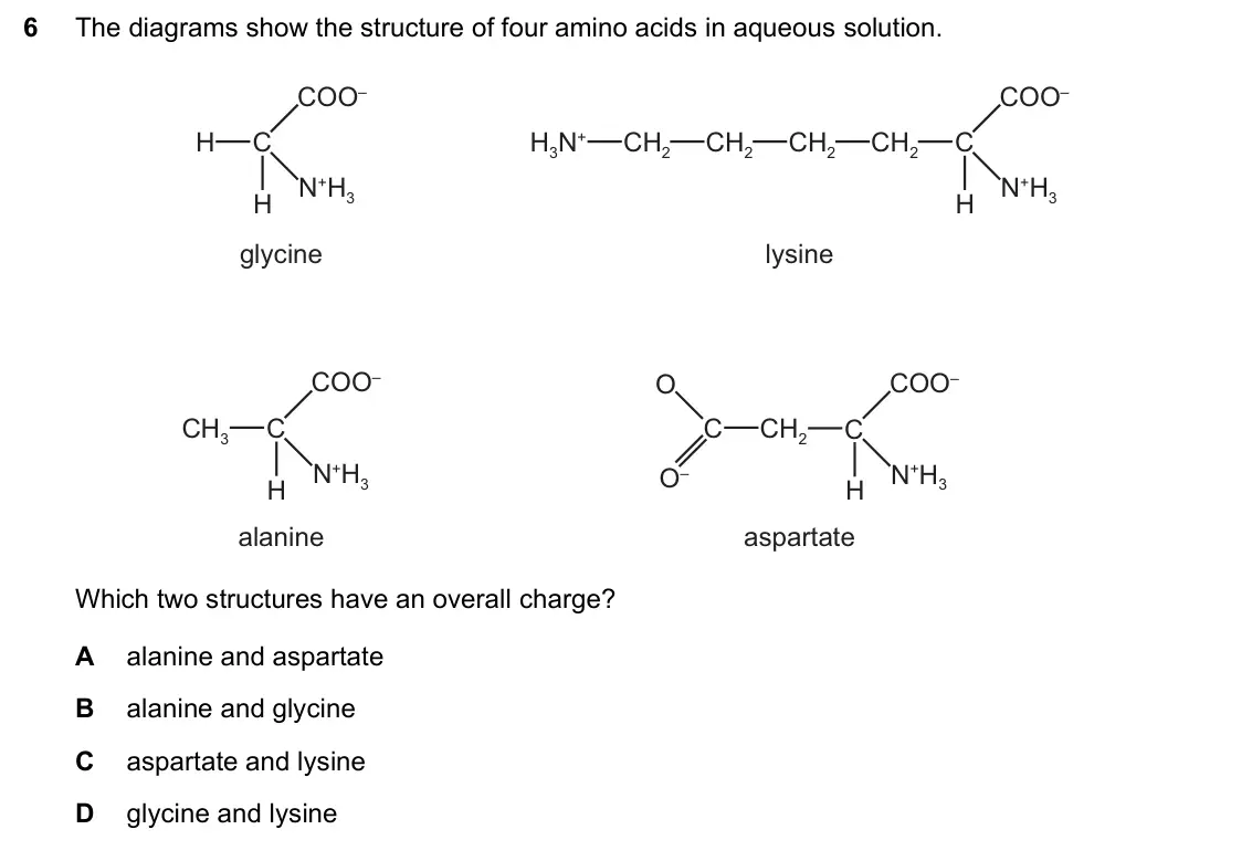 June 2024 Paper 1, question 6: The diagrams show the structure of four amino acids in aqueous solution. COO– COO– H C H3N+ CH2 CH2 CH2 CH2 C N+H3 N+H3 H H glycine lysine COO– O COO– CH3 C C C