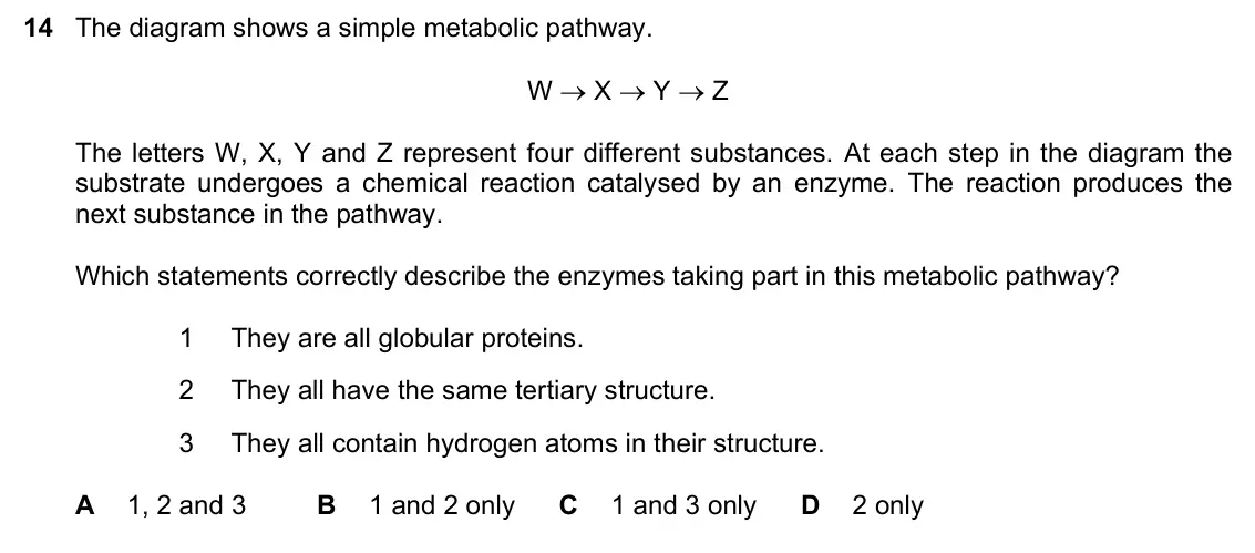 June 2024 Paper 1, question 14: The diagram shows a simple metabolic pathway. W  X  Y  Z The letters W, X, Y and Z represent four different substances. At each step in the diagram the subst