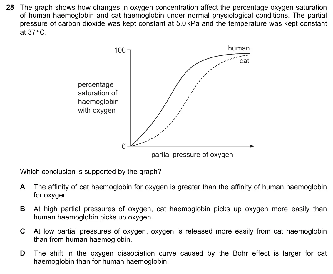 June 2024 Paper 1, question 28: The graph shows how changes in oxygen concentration affect the percentage oxygen saturation of human haemoglobin and cat haemoglobin under normal physiological