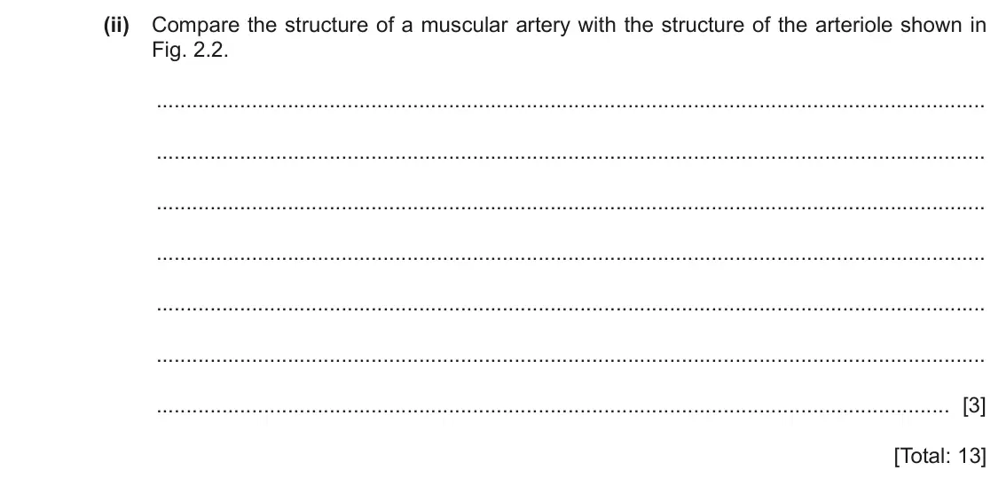 June 2024 Paper 2, question 2(c)(ii): Compare the structure of a muscular artery with the structure of the arteriole shown in Fig. 2.2. [3] [Total: 13]