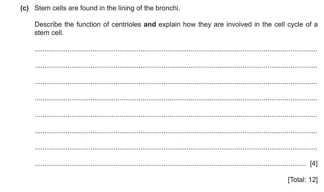 June 2024 Paper 2, question 4(c): Stem cells are found in the lining of the bronchi. Describe the function of centrioles and explain how they are involved in the cell cycle of a stem cell. [4] [