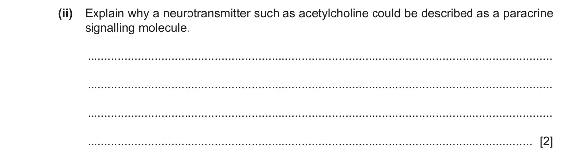 June 2024 Paper 4, question 2(a)(ii): Explain why a neurotransmitter such as acetylcholine could be described as a paracrine signalling molecule. [2]