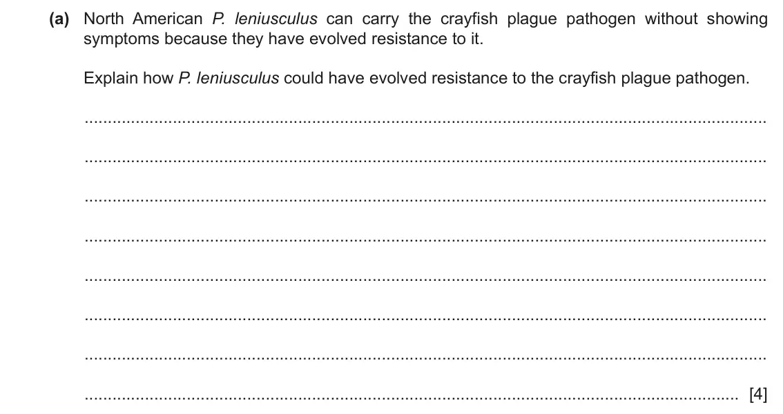 June 2024 Paper 4, question 4(a): North American P. leniusculus can carry the crayfish plague pathogen without showing symptoms because they have evolved resistance to it. Explain how P. leniusc