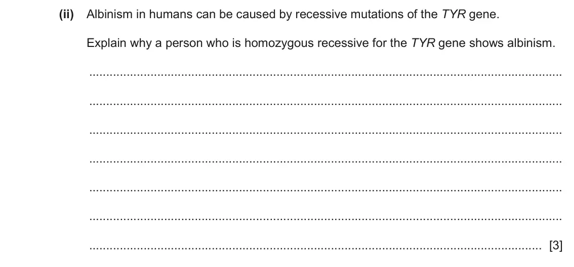 June 2024 Paper 4, question 6(a)(ii): Albinism in humans can be caused by recessive mutations of the TYR gene. Explain why a person who is homozygous recessive for the TYR gene shows albinism. [3]
