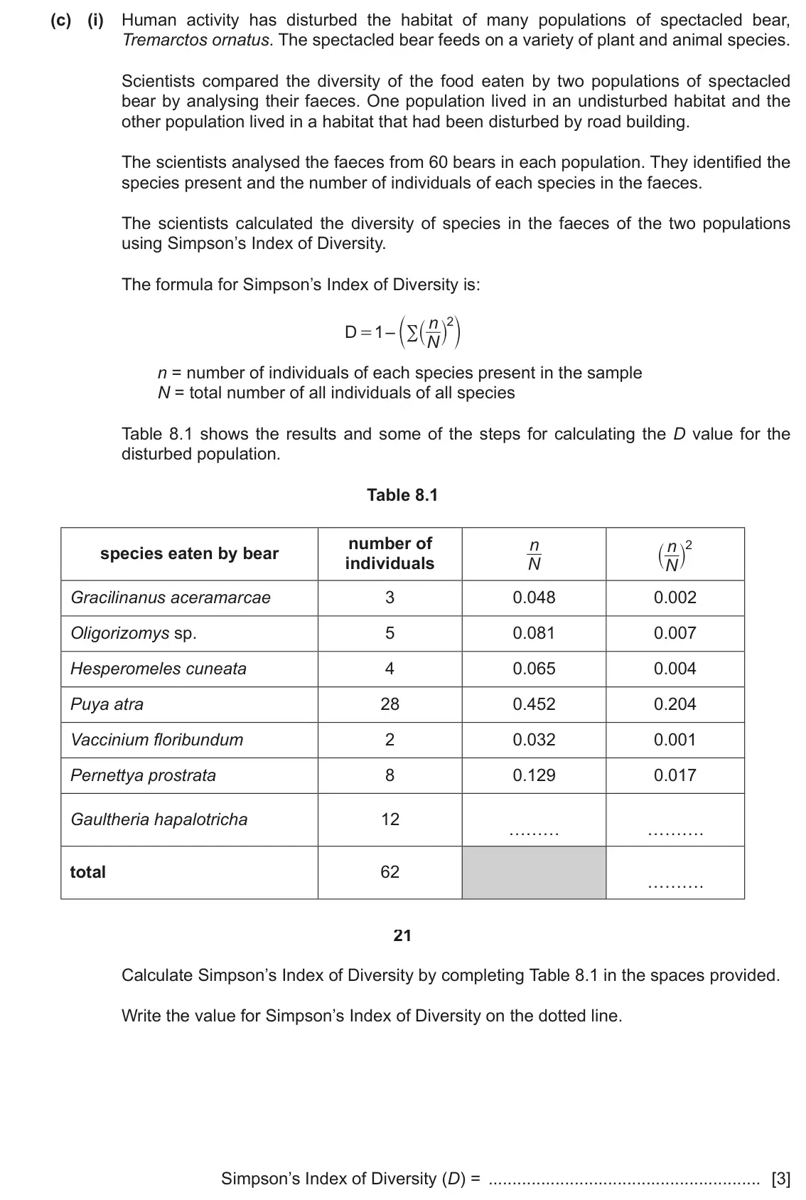 June 2024 Paper 4, question 8(c)(i): Human activity has disturbed the habitat of many populations of spectacled bear, Tremarctos ornatus. The spectacled bear feeds on a variety of plant and animal