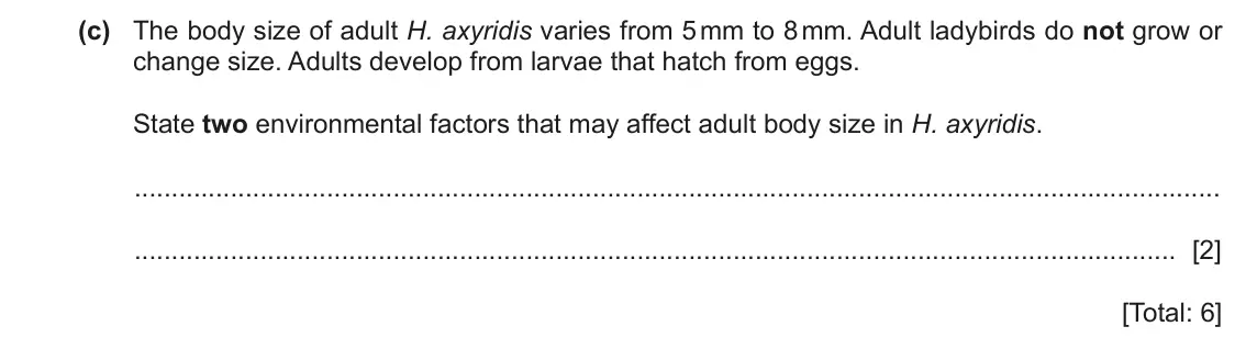 June 2024 Paper 4, question 9(c): The body size of adult H. axyridis varies from 5 mm to 8 mm. Adult ladybirds do not grow or change size. Adults develop from larvae that hatch from eggs. State
