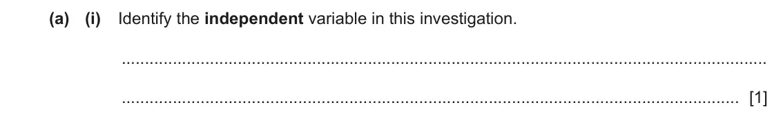 June 2024 Paper 5, question 1(a)(i): Identify the independent variable in this investigation. [1]