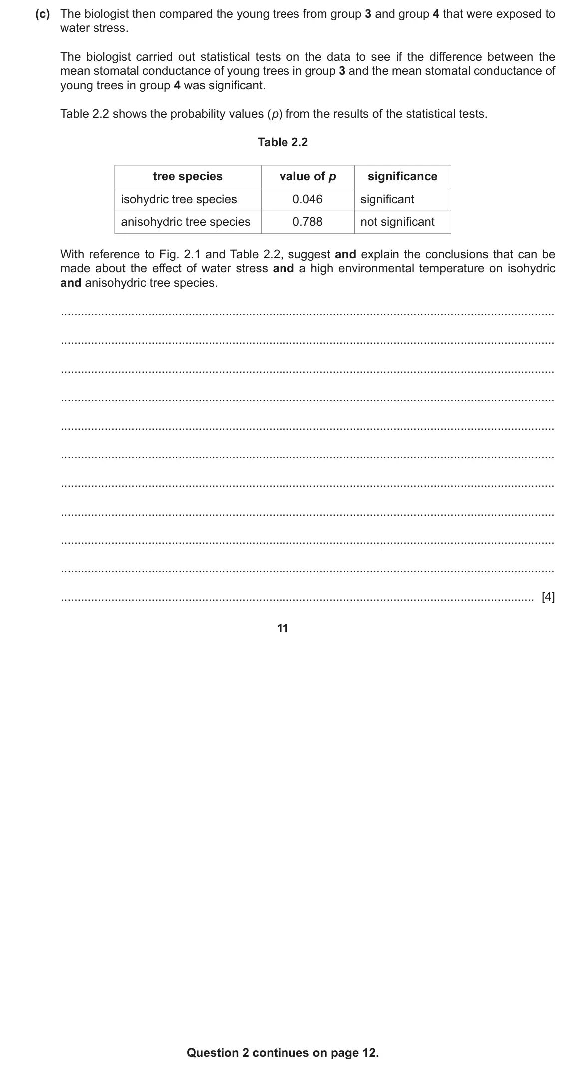 June 2024 Paper 5, question 2(c): The biologist then compared the young trees from group 3 and group 4 that were exposed to water stress. The biologist carried out statistical tests on the data