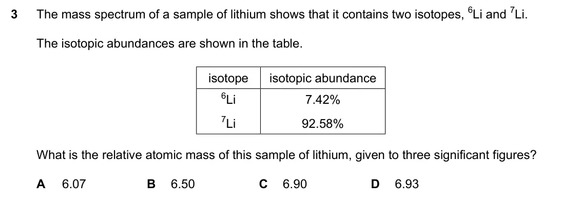 Specimen Paper 1, question 3: The mass spectrum of a sample of lithium shows that it contains two isotopes, 6Li and 7Li. The isotopic abundances are shown in the table. isotope isotopic abun