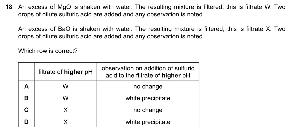 Specimen Paper 1, question 18: An excess of MgO is shaken with water. The resulting mixture is filtered, this is filtrate W. Two drops of dilute sulfuric acid are added and any observation is