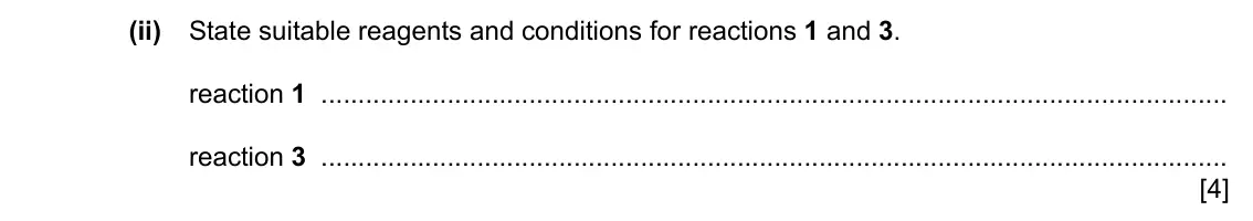 Specimen Paper 2, question 3(d)(ii): State suitable reagents and conditions for reactions 1 and 3. reaction 1 reaction 3 [4]