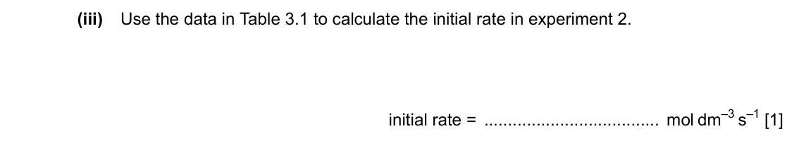 Specimen Paper 4, question 3(a)(iii): Use the data in Table 3.1 to calculate the initial rate in experiment 2. initial rate = mol dm–3 s–1 [1]