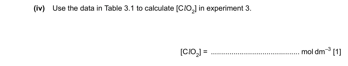 Specimen Paper 4, question 3(a)(iv): Use the data in Table 3.1 to calculate [Cl O2] in experiment 3. [Cl O2] = mol dm–3 [1]