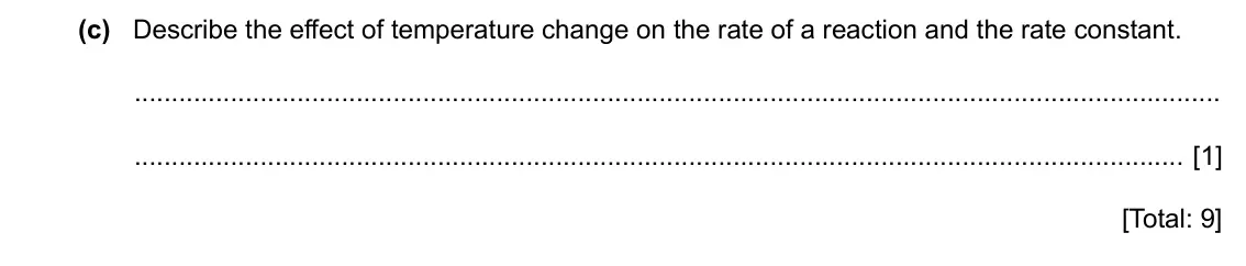 Specimen Paper 4, question 3(c): Describe the effect of temperature change on the rate of a reaction and the rate constant. [1] [Total: 9]