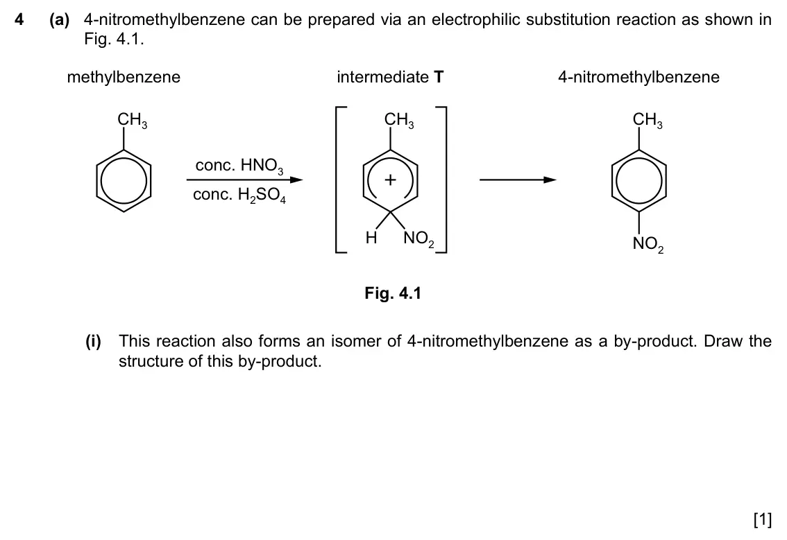 Specimen Paper 4, question 4(a)(i): This reaction also forms an isomer of 4-nitromethylbenzene as a by-product. Draw the structure of this by-product. [1]