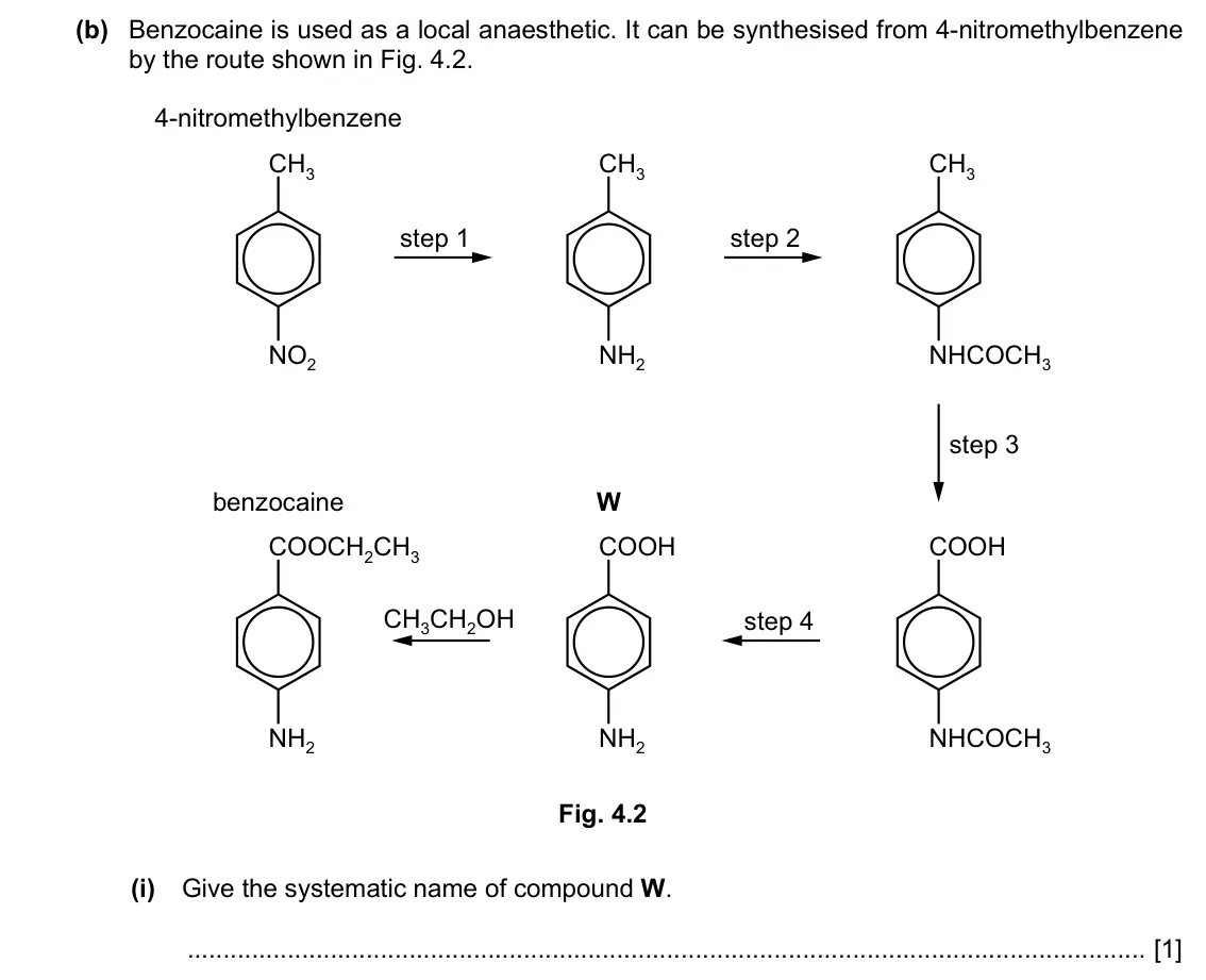 Specimen Paper 4, question 4(b)(i): Give the systematic name of compound W. [1]