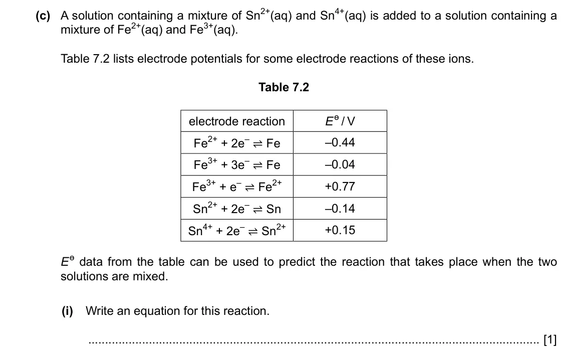 Specimen Paper 4, question 7(c)(i): Write an equation for this reaction. [1]