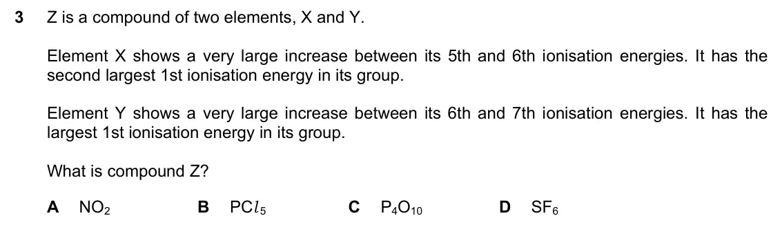 June 2024 Paper 1, question 3: Z is a compound of two elements, X and Y. Element X shows a very large increase between its 5th and 6th ionisation energies. It has the second largest 1st ionis