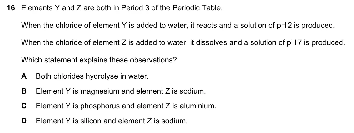 June 2024 Paper 1, question 16: Elements Y and Z are both in Period 3 of the Periodic Table. When the chloride of element Y is added to water, it reacts and a solution of pH 2 is produced. Whe