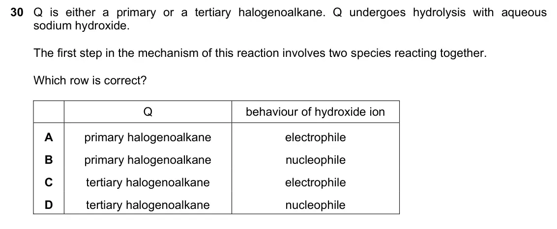 June 2024 Paper 1, question 30: Q is either a primary or a tertiary halogenoalkane. Q undergoes hydrolysis with aqueous sodium hydroxide. The first step in the mechanism of this reaction invol