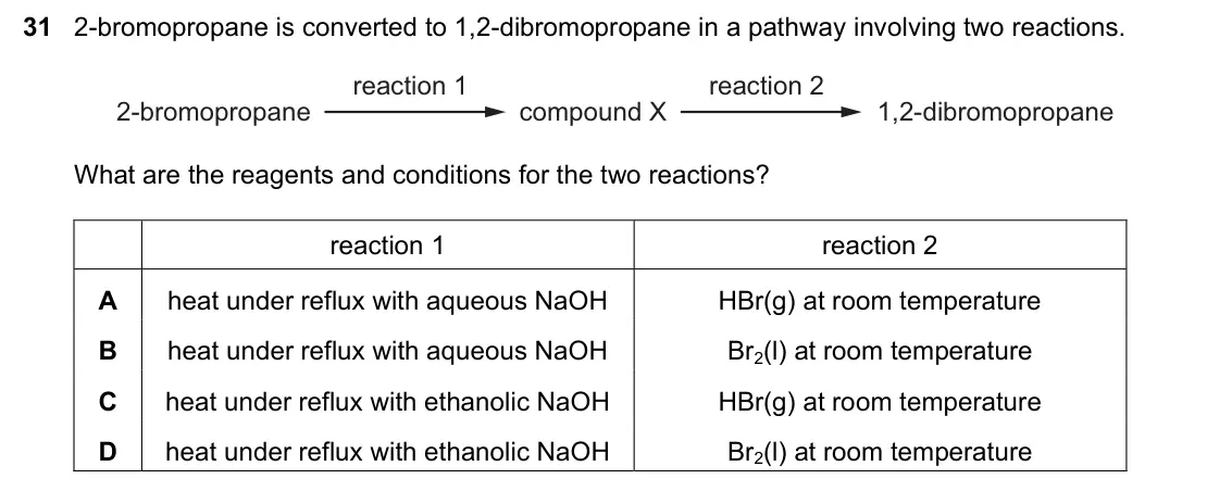 June 2024 Paper 1, question 31: 2-bromopropane is converted to 1,2-dibromopropane in a pathway involving two reactions. reaction 1 reaction 2 2-bromopropane compound X 1,2-dibromopropane What