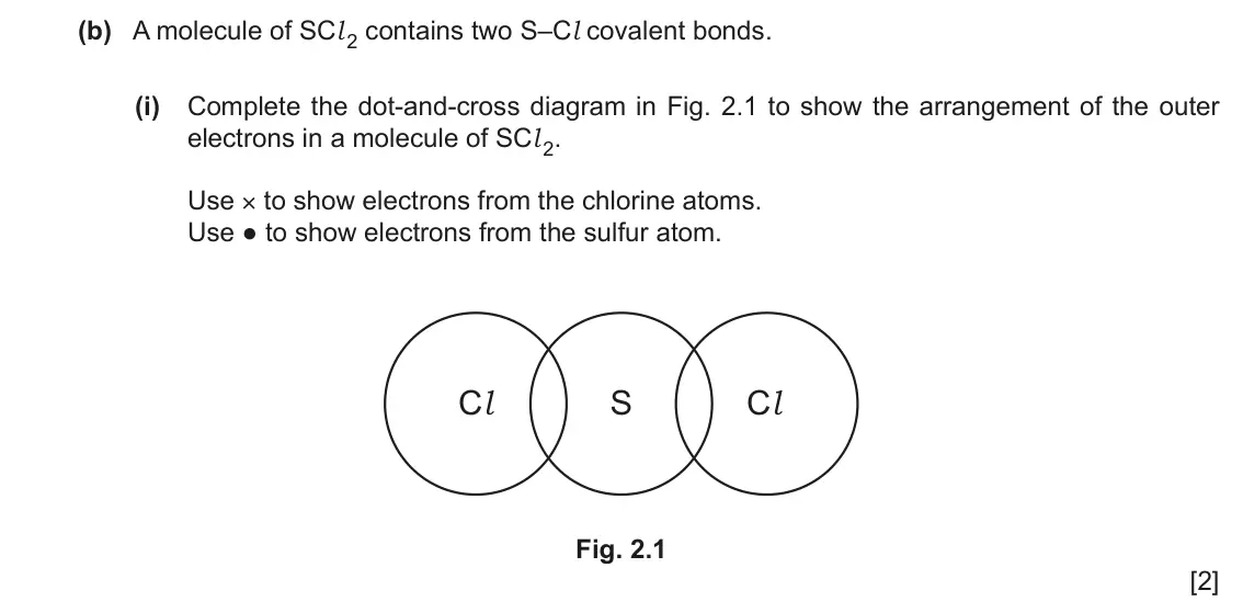 June 2024 Paper 2, question 2(b)(i): Complete the dot-and-cross diagram in Fig. 2.1 to show the arrangement of the outer electrons in a molecule of SCl 2. Use × to show electrons from the chlorine 