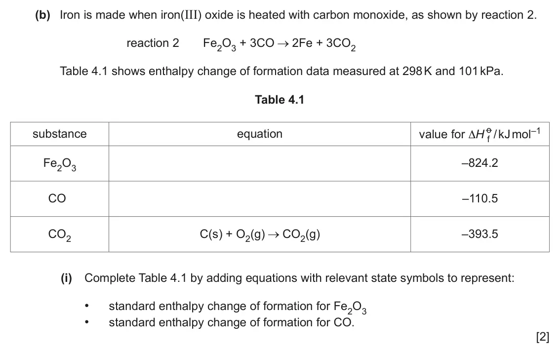 June 2024 Paper 2, question 4(b)(i): Complete Table 4.1 by adding equations with relevant state symbols to represent: • standard enthalpy change of formation for Fe2O3 • standard enthalpy change of