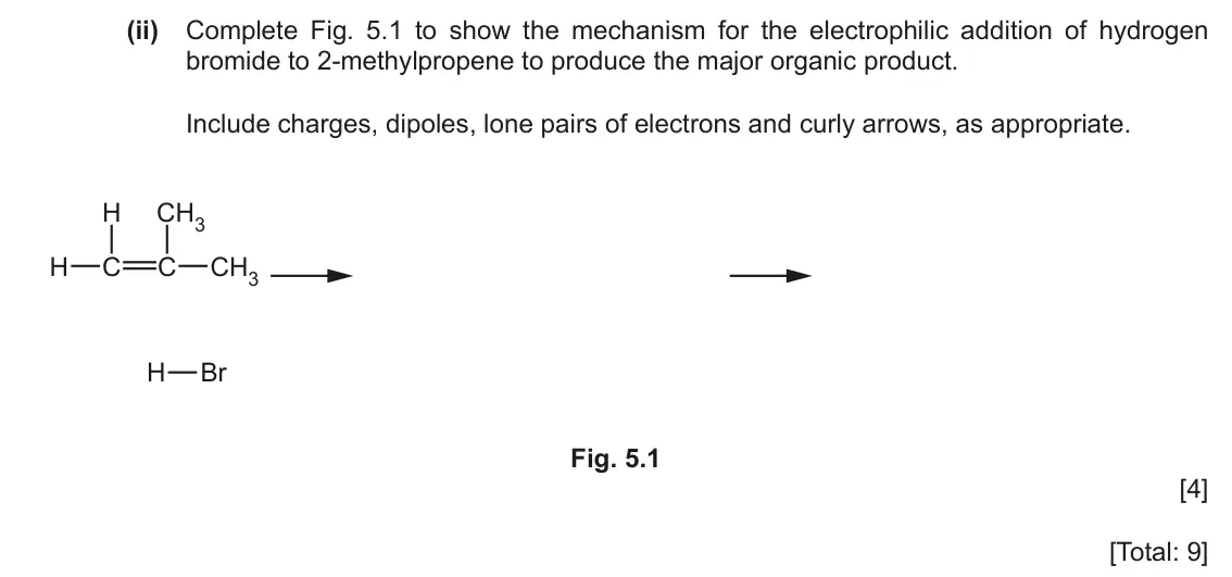 June 2024 Paper 2, question 5(c)(ii): Complete Fig. 5.1 to show the mechanism for the electrophilic addition of hydrogen bromide to 2-methylpropene to produce the major organic product. Include char