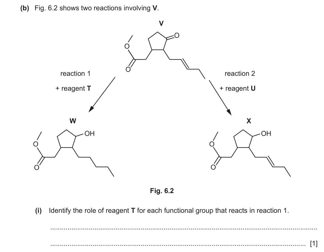 June 2024 Paper 2, question 6(b)(i): Identify the role of reagent T for each functional group that reacts in reaction 1. [1]