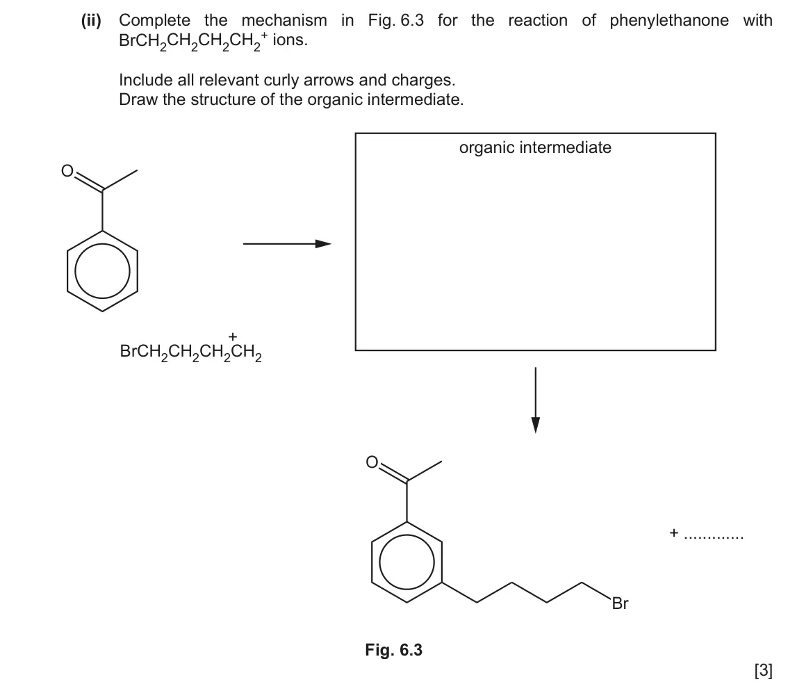 June 2024 Paper 4, question 6(f)(ii): Complete the mechanism in Fig. 6.3 for the reaction of phenylethanone with BrCH2CH2CH2CH2 + ions. Include all relevant curly arrows and charges. Draw the struct