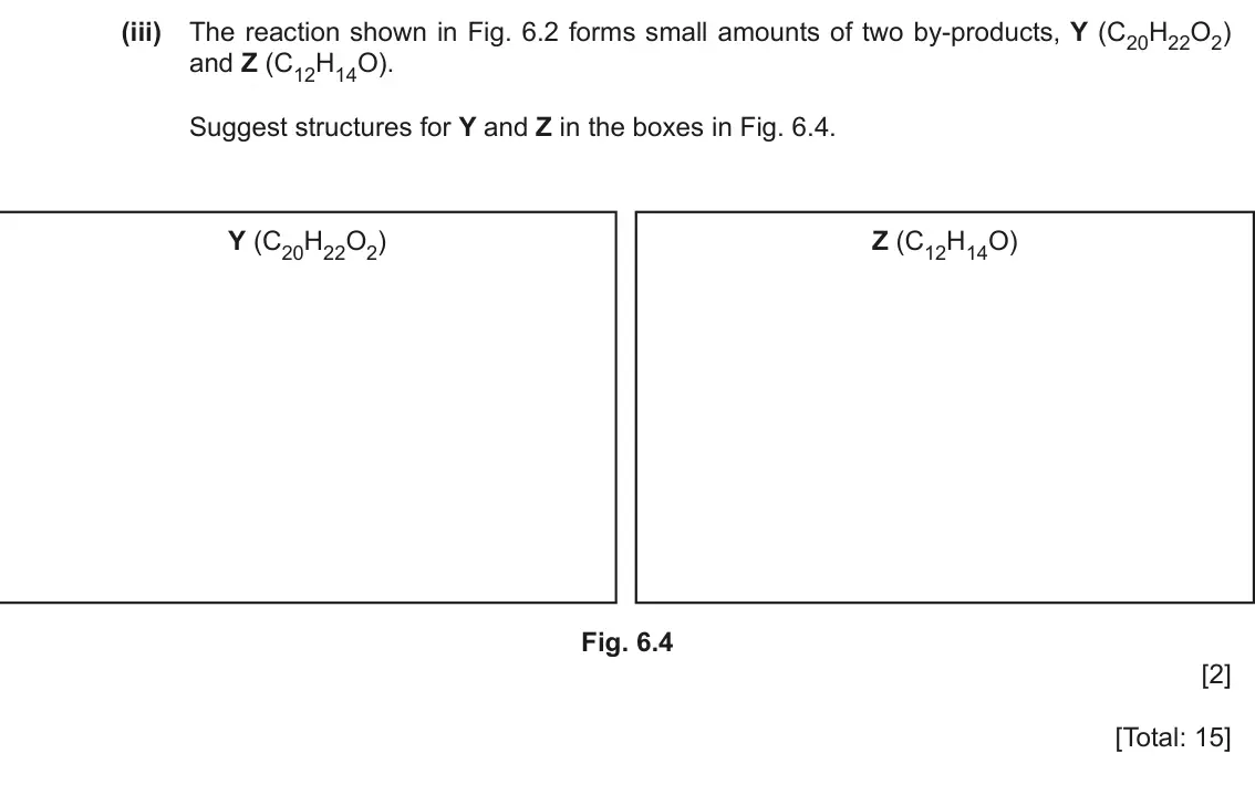 June 2024 Paper 4, question 6(f)(iii): The reaction shown in Fig. 6.2 forms small amounts of two by-products, Y (C20H22O2) and Z (C12H14O). Suggest structures for Y and Z in the boxes in Fig. 6.4. Y