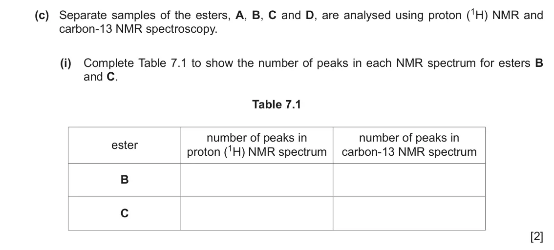 June 2024 Paper 4, question 7(c)(i): Complete Table 7.1 to show the number of peaks in each NMR spectrum for esters B and C. Table 7.1 number of peaks in number of peaks in ester proton (1H) NMR sp
