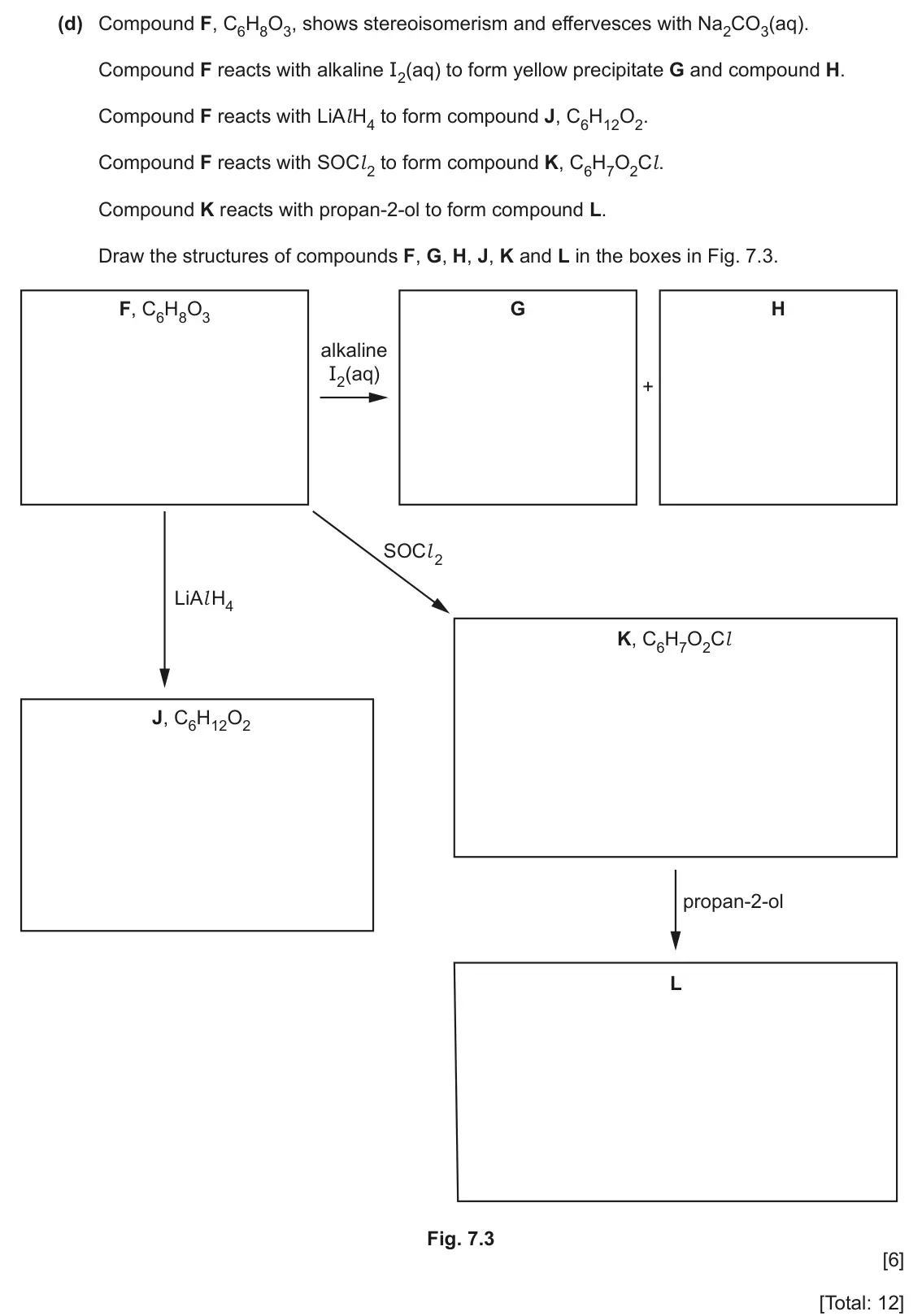 June 2024 Paper 4, question 7(d): Compound F, C6H8O3, shows stereoisomerism and effervesces with Na2CO3(aq). Compound F reacts with alkaline I2(aq) to form yellow precipitate G and compound H. C
