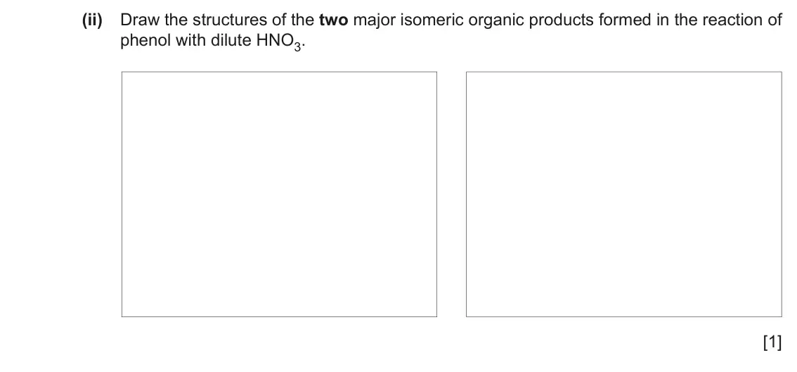 June 2024 Paper 4, question 9(a)(ii): Draw the structures of the two major isomeric organic products formed in the reaction of phenol with dilute HNO3. [1]