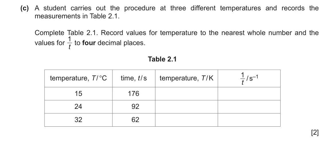 June 2024 Paper 5, question 2(c): A student carries out the procedure at three different temperatures and records the measurements in Table 2.1. Complete Table 2.1. Record values for temperature