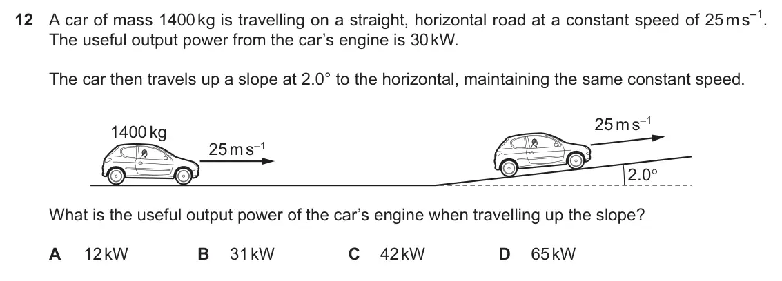 Specimen Paper 1, question 12: A car of mass 1400 kg is travelling on a straight, horizontal road at a constant speed of 25 m s–1. The useful output power from the car’s engine is 30 kW. The