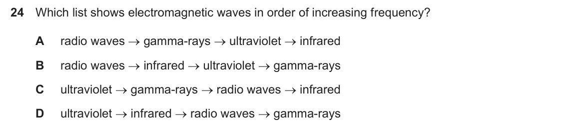 Specimen Paper 1, question 24: Which list shows electromagnetic waves in order of increasing frequency? A radio waves o gamma-rays o ultraviolet o infrared B radio waves o infrared o ultravio