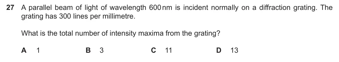 Specimen Paper 1, question 27: A parallel beam of light of wavelength 600 nm is incident normally on a diffraction grating. The grating has 300 lines per millimetre. What is the total number