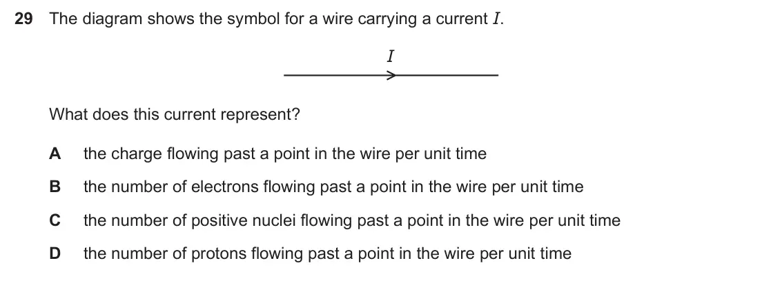 Specimen Paper 1, question 29: The diagram shows the symbol for a wire carrying a current I. I What does this current represent? A the charge flowing past a point in the wire per unit time B