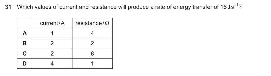 Specimen Paper 1, question 31: Which values of current and resistance will produce a rate of energy transfer of 16 J s–1? current / A resistance / : A 1 4 B 2 2 C 2 8 D 4 1