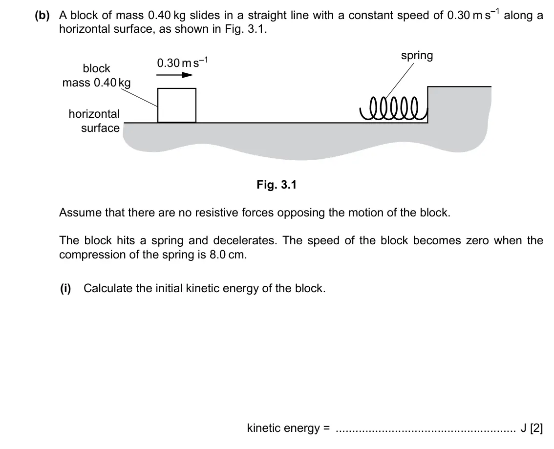 Specimen Paper 2, question 3(b)(i): Calculate the initial kinetic energy of the block. kinetic energy = J [2]