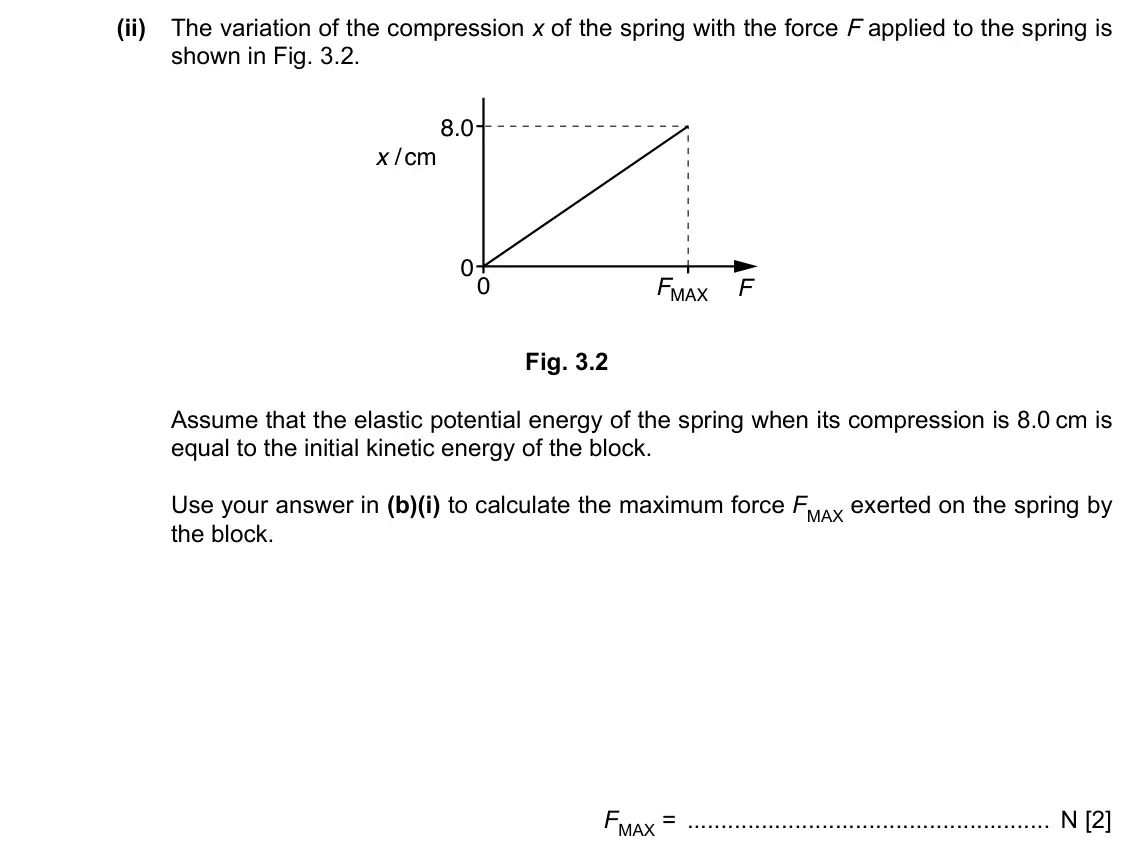 Specimen Paper 2, question 3(b)(ii): The variation of the compression x of the spring with the force F applied to the spring is shown in Fig. 3.2. 8.0 x / cm 0 0 FMAX F Fig. 3.2 Assume that the ela