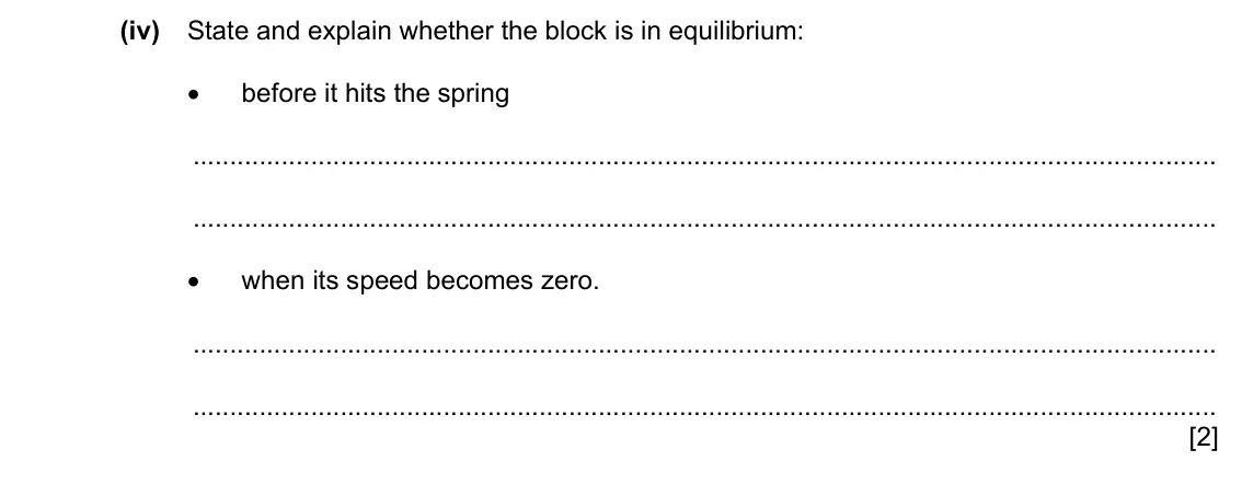 Specimen Paper 2, question 3(b)(iv): State and explain whether the block is in equilibrium: • before it hits the spring • when its speed becomes zero. [2]